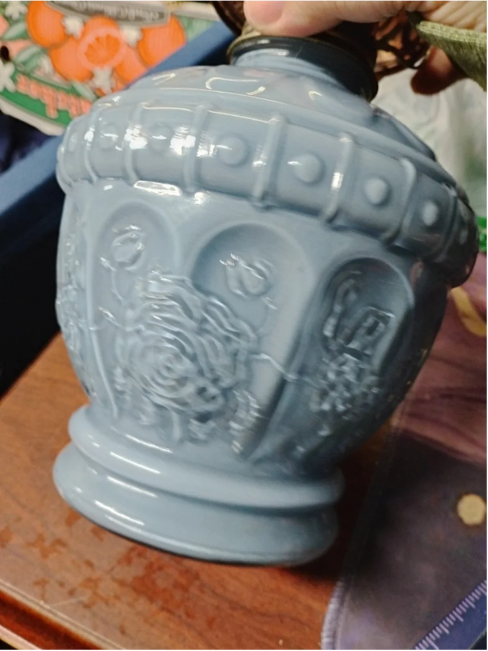 VTG 1988 Kaadan LTD Embossed Rose Bud Pale Blue Glass Paraffin/ Oil Lamp Base